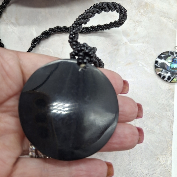 Abalone 2" Necklace Geometric Earrings B/W Round beaded Artisan Design - Picture 4 of 16